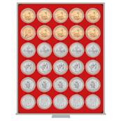 Box rouge 30 cases pour monnaies 33mm sous capsules LINDNER 2226