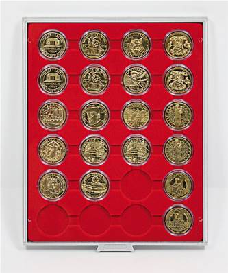 Box rouge 30 medailles sous capsules 35 mm avec alvéoles ronds LINDNER 2224